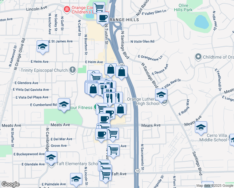 map of restaurants, bars, coffee shops, grocery stores, and more near 2295 North Tustin Street in Orange