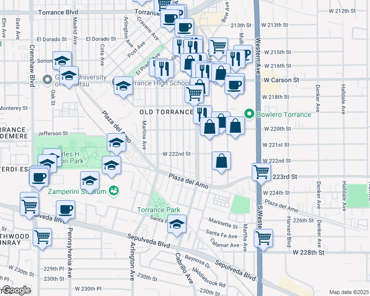 map of restaurants, bars, coffee shops, grocery stores, and more near 2114 Andreo Avenue in Torrance