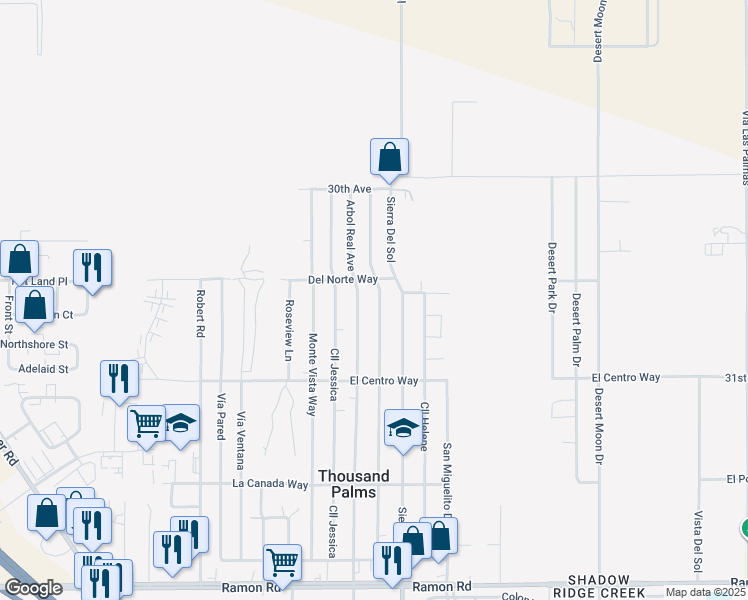 map of restaurants, bars, coffee shops, grocery stores, and more near 30605 Las Flores Way in Thousand Palms