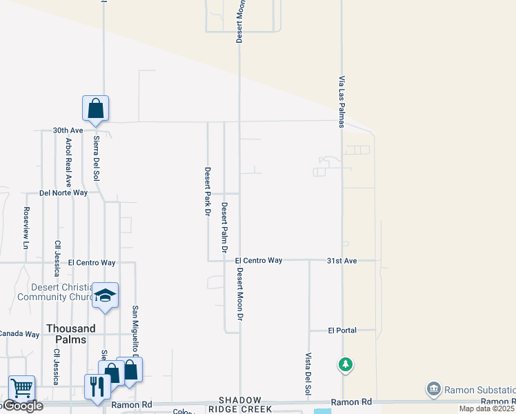 map of restaurants, bars, coffee shops, grocery stores, and more near 30600 Desert Moon Drive in Thousand Palms