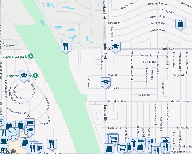 map of restaurants, bars, coffee shops, grocery stores, and more near 67925 Vega Road in Cathedral City