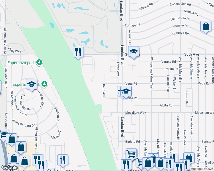 map of restaurants, bars, coffee shops, grocery stores, and more near 67881 Vega Road in Cathedral City