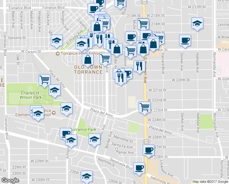 map of restaurants, bars, coffee shops, grocery stores, and more near 2113 Border Avenue in Torrance