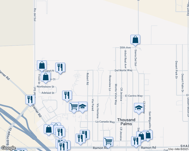 map of restaurants, bars, coffee shops, grocery stores, and more near 30596 Vía Pared in Thousand Palms