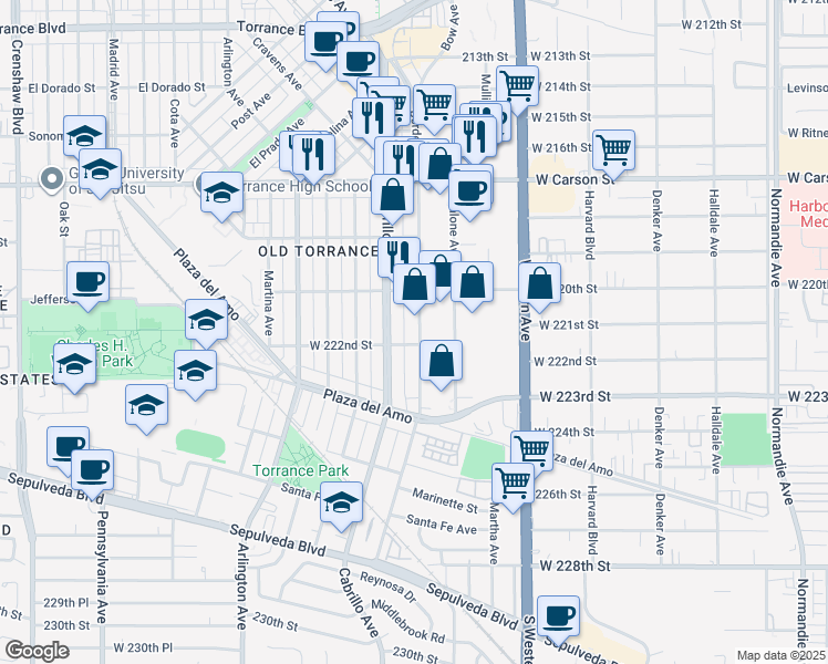 map of restaurants, bars, coffee shops, grocery stores, and more near 2113 Border Avenue in Torrance