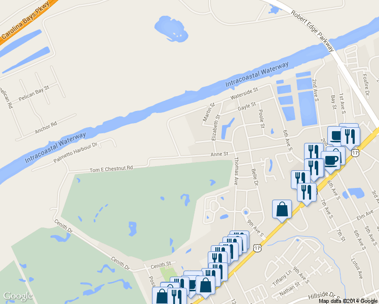 map of restaurants, bars, coffee shops, grocery stores, and more near 1014 Anne Street in North Myrtle Beach