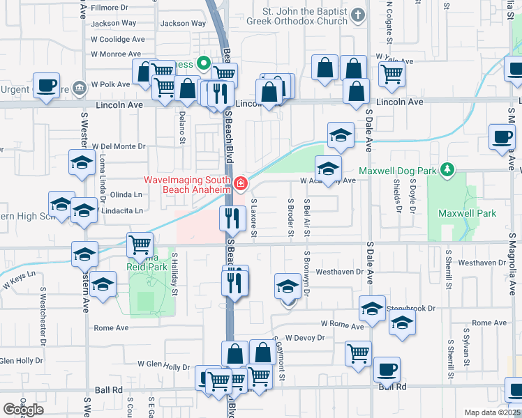 map of restaurants, bars, coffee shops, grocery stores, and more near 2957 West Rowland Circle in Anaheim