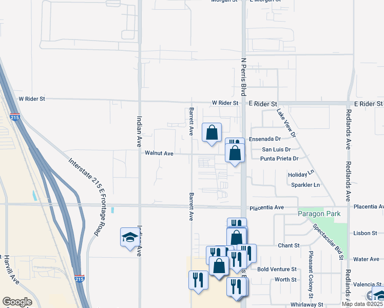 map of restaurants, bars, coffee shops, grocery stores, and more near 130 West Walnut Avenue in Perris