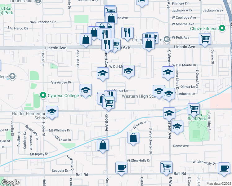 map of restaurants, bars, coffee shops, grocery stores, and more near 3420 West Olinda Lane in Anaheim