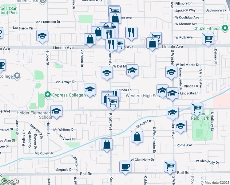 map of restaurants, bars, coffee shops, grocery stores, and more near 401 South Knott Avenue in Anaheim
