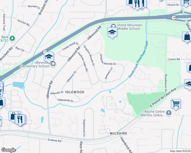map of restaurants, bars, coffee shops, grocery stores, and more near 1545 Drayton Woods Drive in Tucker