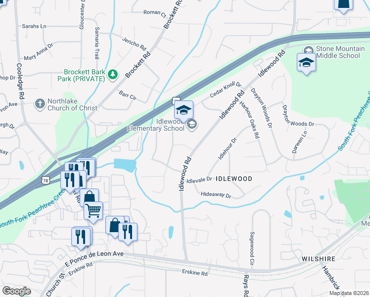 map of restaurants, bars, coffee shops, grocery stores, and more near 1462 Idlewood Road in Tucker