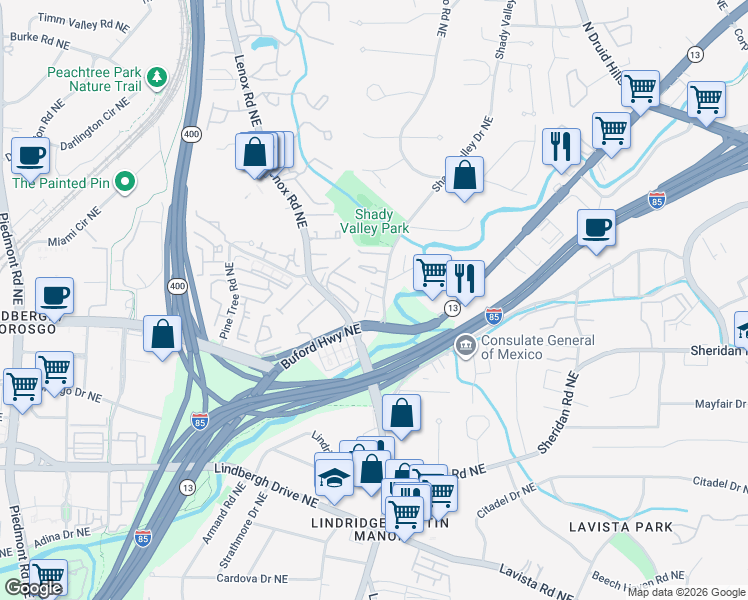 map of restaurants, bars, coffee shops, grocery stores, and more near 858 Stonehill Lane in Atlanta