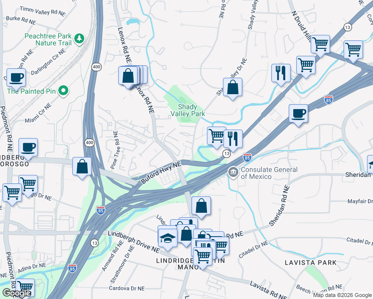 map of restaurants, bars, coffee shops, grocery stores, and more near 858 Stonehill Lane in Atlanta