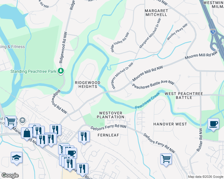 map of restaurants, bars, coffee shops, grocery stores, and more near 2620 Margaret Mitchell Drive Northwest in Atlanta