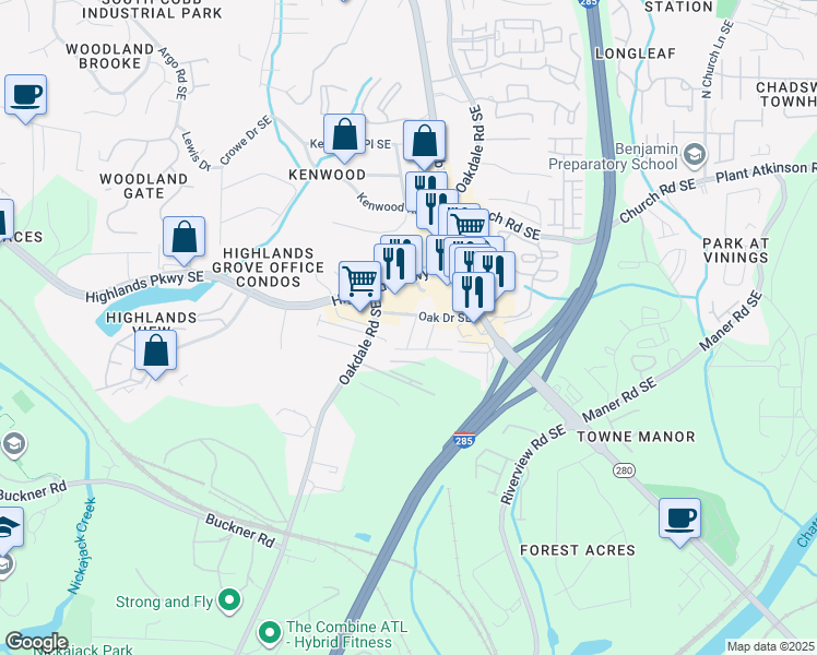 map of restaurants, bars, coffee shops, grocery stores, and more near 2308 Oakton Place in Smyrna
