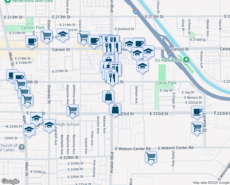 map of restaurants, bars, coffee shops, grocery stores, and more near 22108 South Avalon Boulevard in Carson