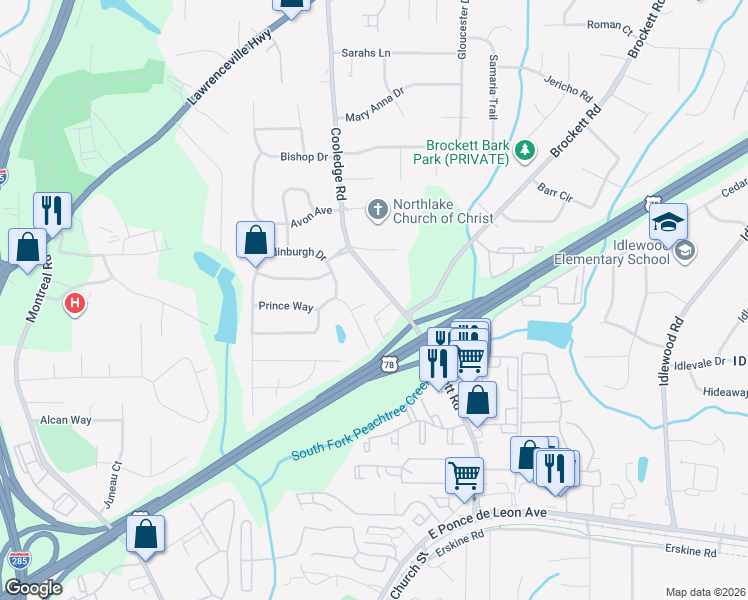 map of restaurants, bars, coffee shops, grocery stores, and more near 1540 Cooledge Road in Tucker