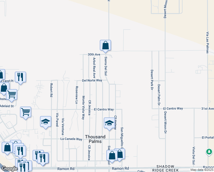 map of restaurants, bars, coffee shops, grocery stores, and more near Sierra Del Sol in Thousand Palms