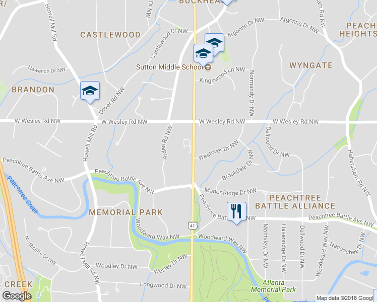 map of restaurants, bars, coffee shops, grocery stores, and more near 2624 Northside Drive Northwest in Atlanta