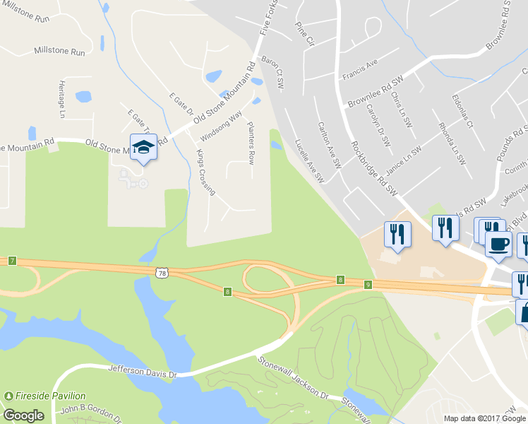 map of restaurants, bars, coffee shops, grocery stores, and more near 1484 Kings Crossing in Stone Mountain