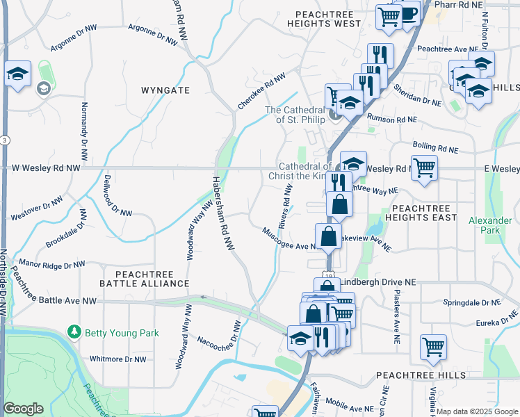map of restaurants, bars, coffee shops, grocery stores, and more near 65 North Muscogee Avenue Northwest in Atlanta