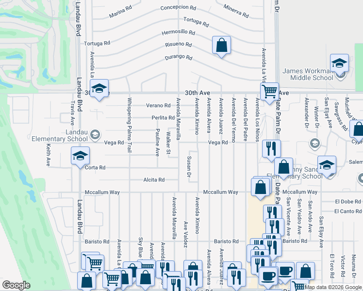 map of restaurants, bars, coffee shops, grocery stores, and more near 68550 Susan Drive in Cathedral City
