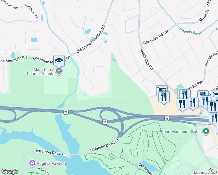 map of restaurants, bars, coffee shops, grocery stores, and more near 1484 Kings Crossing in Stone Mountain