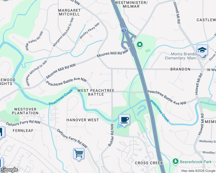 map of restaurants, bars, coffee shops, grocery stores, and more near 1327 Peachtree Battle Avenue Northwest in Atlanta