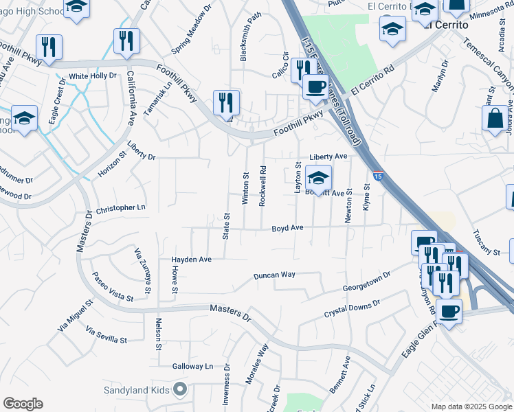 map of restaurants, bars, coffee shops, grocery stores, and more near 20161 Rockwell Road in Corona