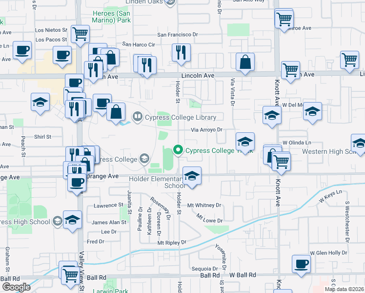 map of restaurants, bars, coffee shops, grocery stores, and more near 9363 Via Balboa Circle in Buena Park