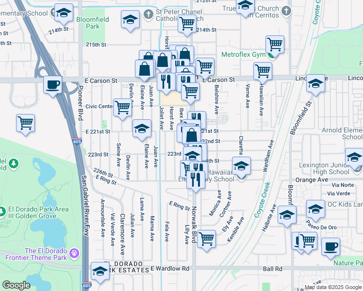map of restaurants, bars, coffee shops, grocery stores, and more near 22209 Ibex Avenue in Hawaiian Gardens