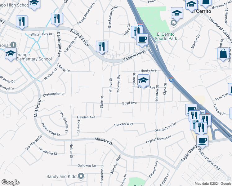 map of restaurants, bars, coffee shops, grocery stores, and more near 20161 Rockwell Road in Corona