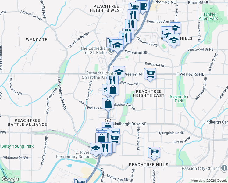 map of restaurants, bars, coffee shops, grocery stores, and more near 2607 Peachtree Road Northwest in Atlanta