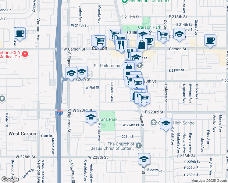 map of restaurants, bars, coffee shops, grocery stores, and more near 22102 Rashdall Avenue in Carson