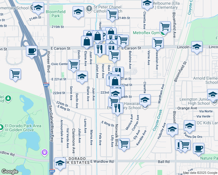 map of restaurants, bars, coffee shops, grocery stores, and more near 22209 Ibex Avenue in Hawaiian Gardens