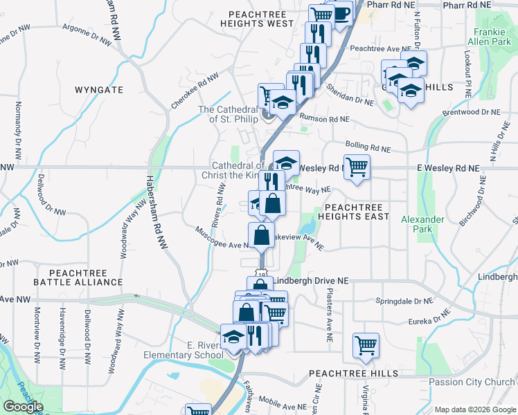 map of restaurants, bars, coffee shops, grocery stores, and more near 2632 Peachtree Road Northwest in Atlanta