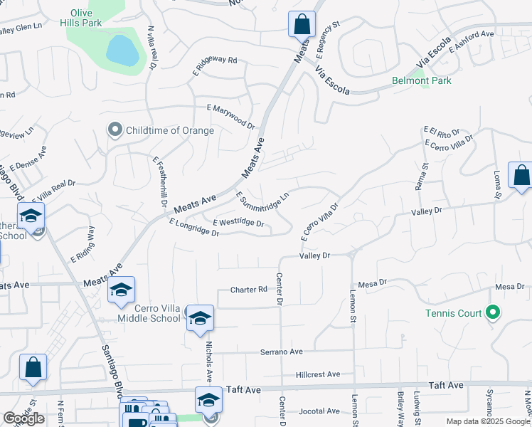 map of restaurants, bars, coffee shops, grocery stores, and more near 3714 East Summitridge Lane in Orange
