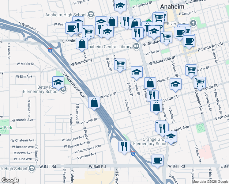 map of restaurants, bars, coffee shops, grocery stores, and more near 559 South Ohio Street in Anaheim