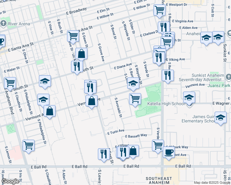 map of restaurants, bars, coffee shops, grocery stores, and more near 1269 East Vermont Avenue in Anaheim