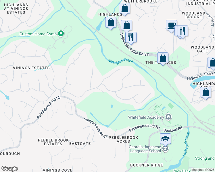 map of restaurants, bars, coffee shops, grocery stores, and more near 5142 Parkwood Oaks Lane in Mableton