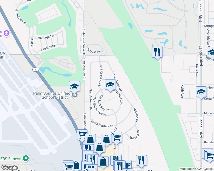map of restaurants, bars, coffee shops, grocery stores, and more near 67178 San Gabriel Circle East in Cathedral City