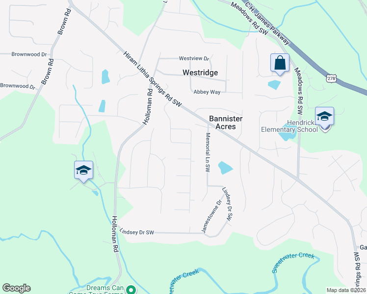 map of restaurants, bars, coffee shops, grocery stores, and more near 5080 Hubert Drive in Powder Springs