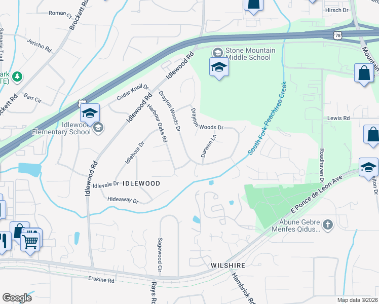map of restaurants, bars, coffee shops, grocery stores, and more near 1545 Drayton Woods Drive in Tucker
