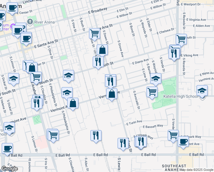 map of restaurants, bars, coffee shops, grocery stores, and more near 876 South Rose Place in Anaheim