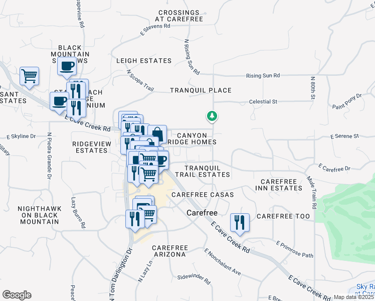 map of restaurants, bars, coffee shops, grocery stores, and more near 7432 East Carefree Drive in Carefree