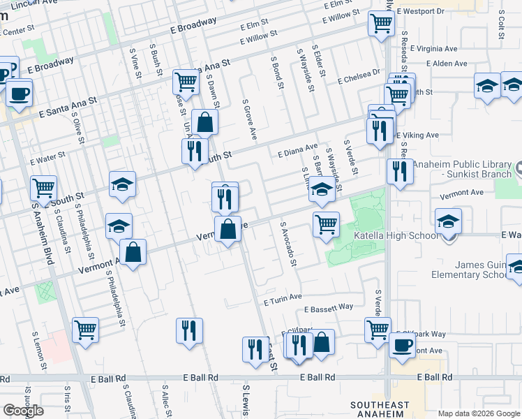 map of restaurants, bars, coffee shops, grocery stores, and more near 1245 East Hampshire Avenue in Anaheim