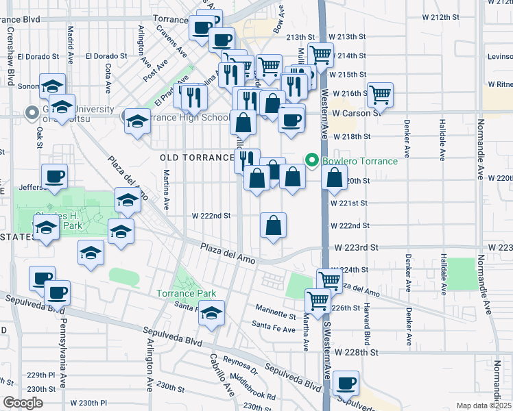 map of restaurants, bars, coffee shops, grocery stores, and more near 2118 Cabrillo Avenue in Torrance