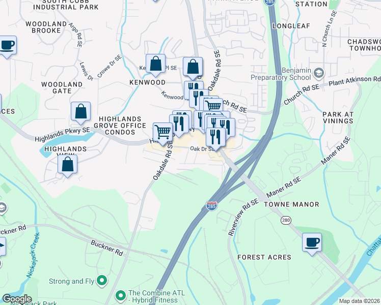 map of restaurants, bars, coffee shops, grocery stores, and more near 2105 West Hill Drive in Smyrna