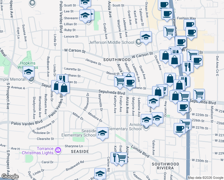 map of restaurants, bars, coffee shops, grocery stores, and more near 4575 Sepulveda Boulevard in Torrance